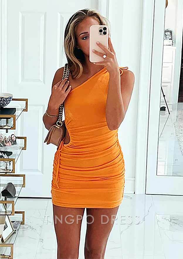 TingPo Wholesale Sheath/Column One-Shoulder Sleeveless Short/Mini Jersey Homecoming Dress with Pleated
